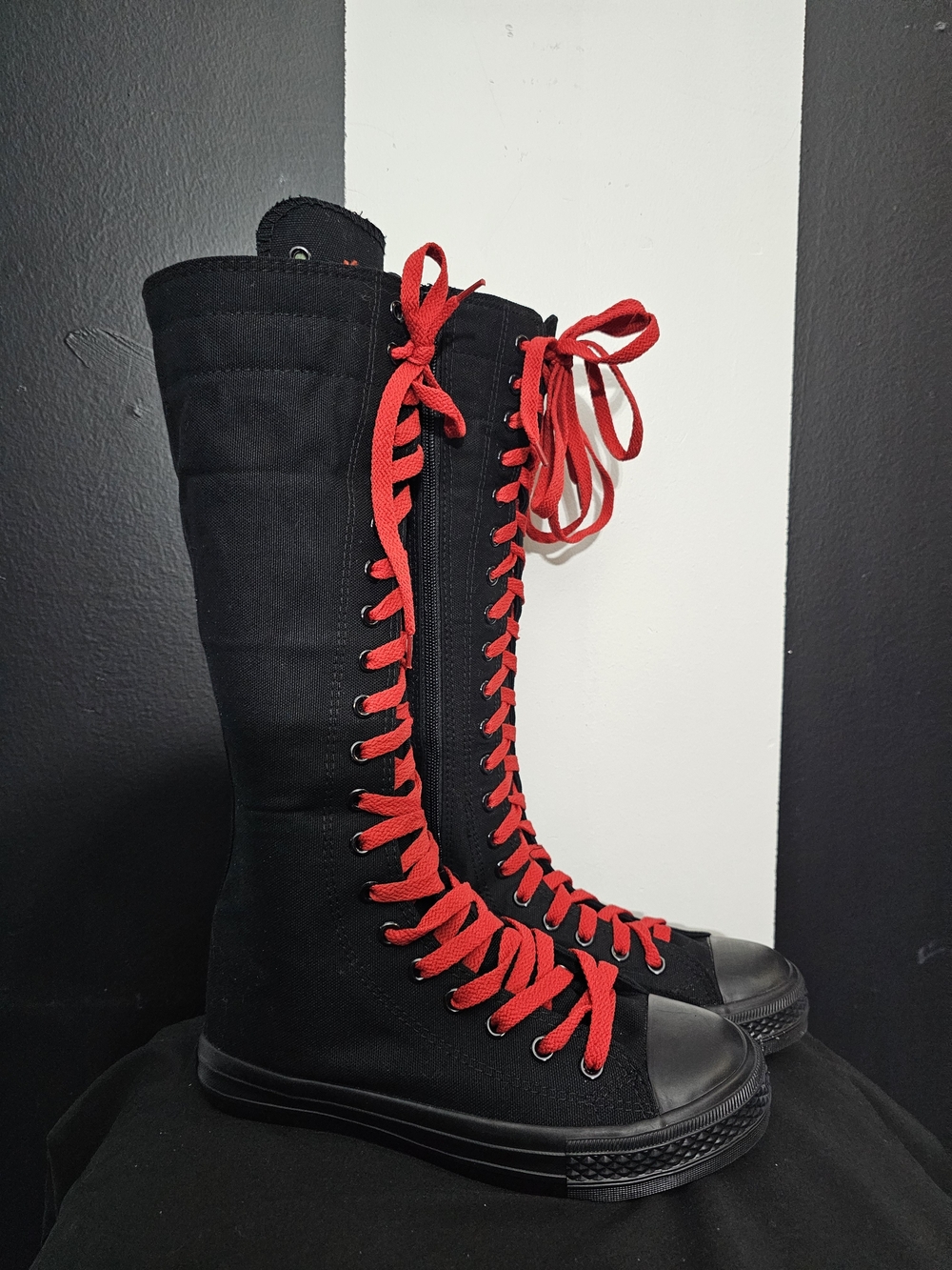Black Knee-High Lace-Up Boots with Red Laces